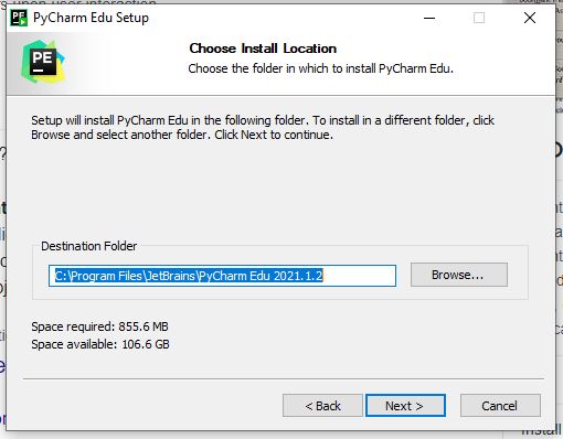 This is a screenshot of how to choose the destination folder for the PyCharm IDE Setup manager.
