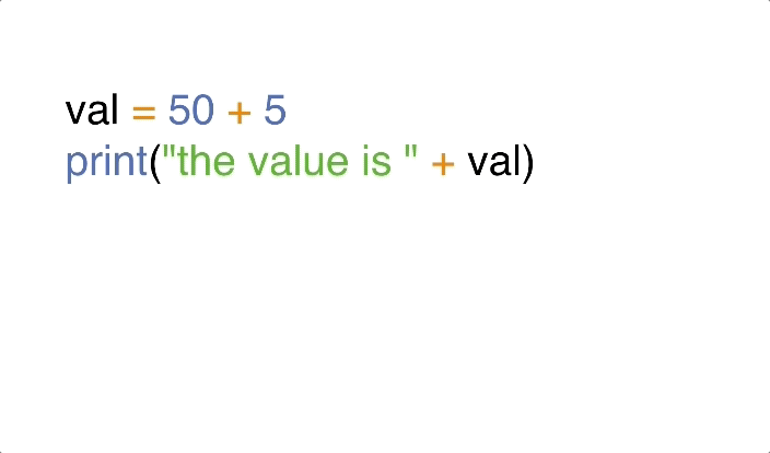a variable stores the value 55. a print statement tries to print "the value is" concatenated with the integer, but a runtime error occurs. Solution is to convert the integer into a string so that it can be concatenated.