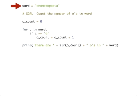 a gif that shows code to check that "o" is in the phrase "onomatopoeia".