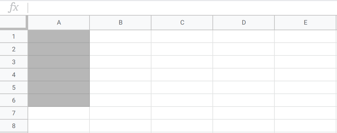 A spreadsheet with cells in the A column, rows 1 through 6 highlighted.