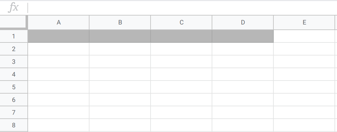 A spreadsheet with cells in row 1, columns A through D highlighted.