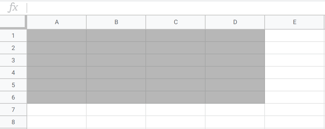 A spreadsheet with cells in rows 1 through 6 and columns A through D highlighted.