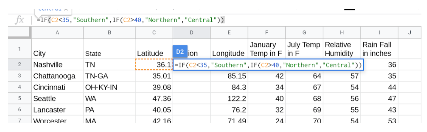 A screenshot of a Sheet with a formula to sort latitudes into the three regions.