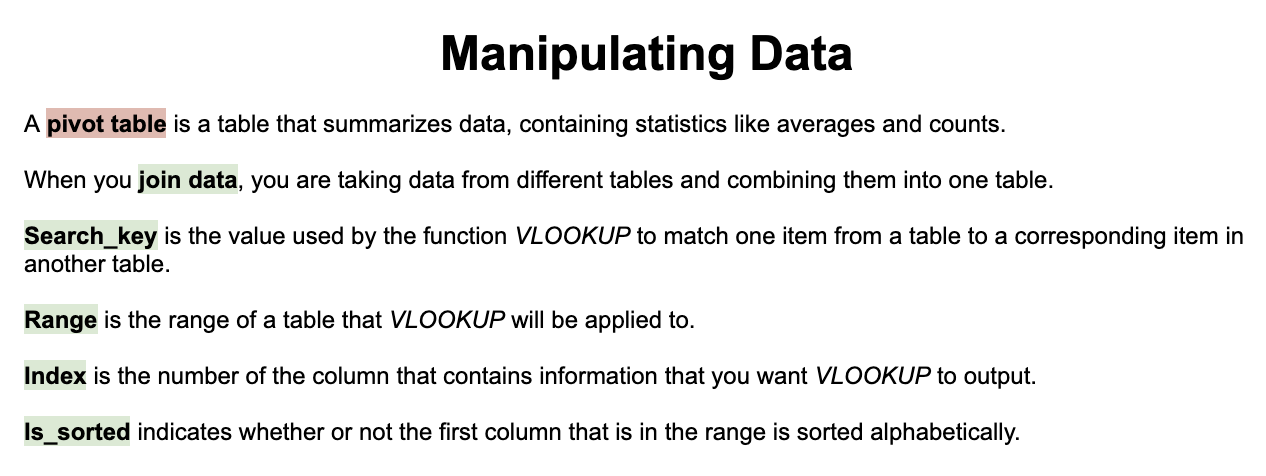 Graphic summarizing key concepts of manipulating data in Sheets.