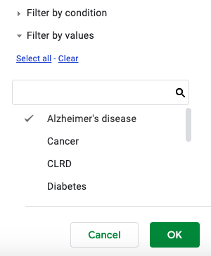 A screenshot of adding a filter for Alzheimer’s.