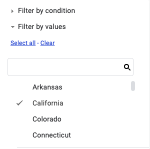 A screenshot of adding a filter for California.
