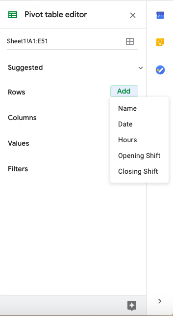 A screenshot of adding a row in pivot table editor.