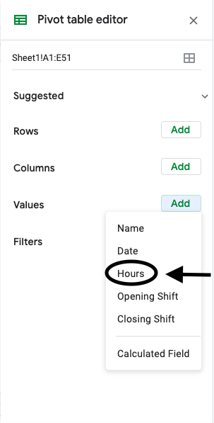 A screenshot of adding a value for "Hours" in pivot table editor.
