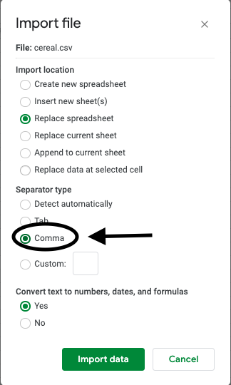 A screenshot of how to select separator type in sheets.