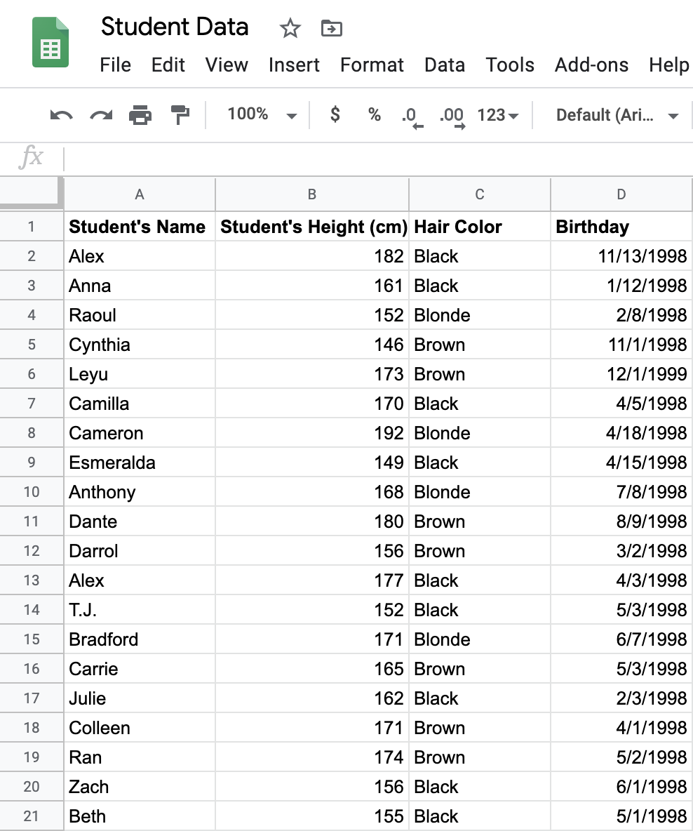 Spreadsheet with example student data of name, height, hair color.