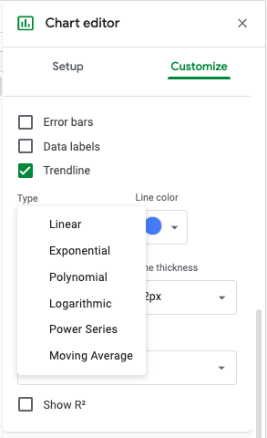 Screenshot of how to change trendline type in sheets.