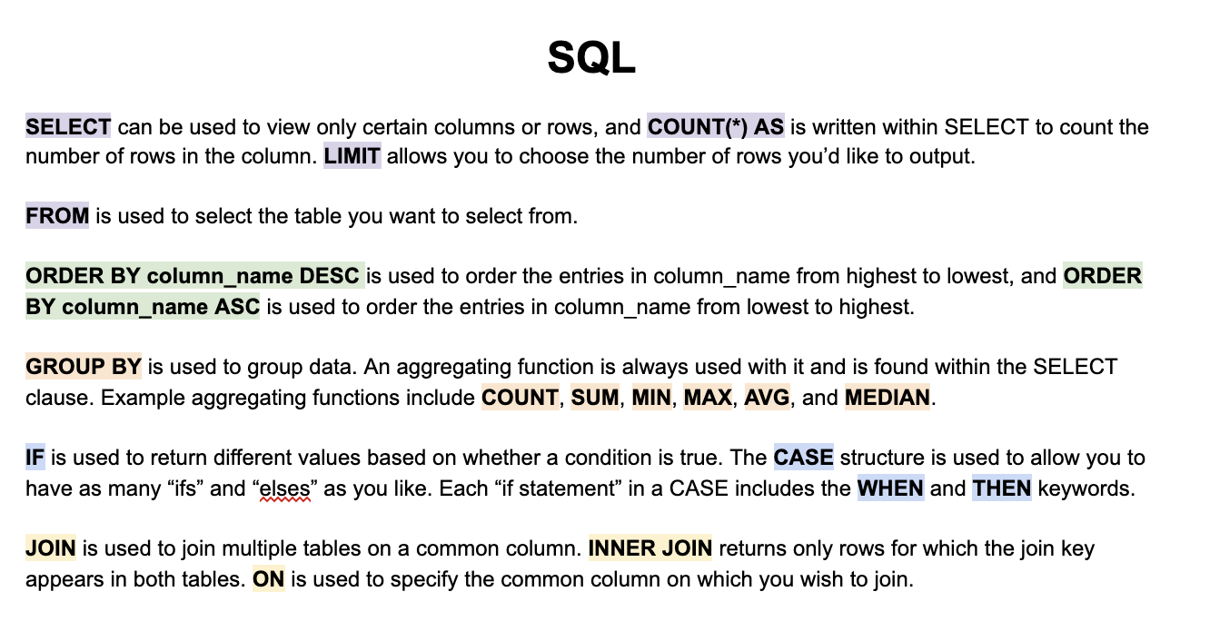 A summary of the sql section.