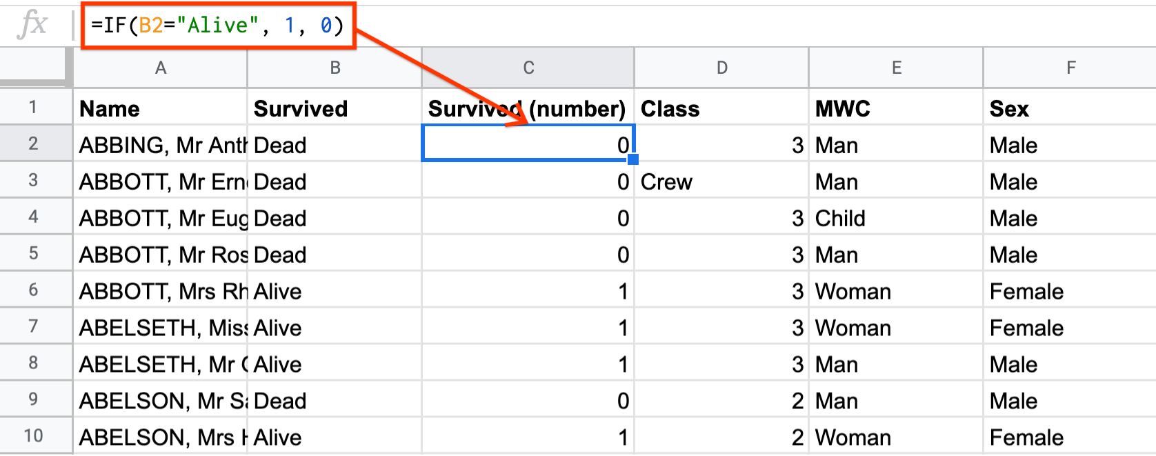 A screenshot from Sheets of a titanic passenger dataset using the IF function to label dead as a 0 and alive as a 1 in a new column called Survived number.