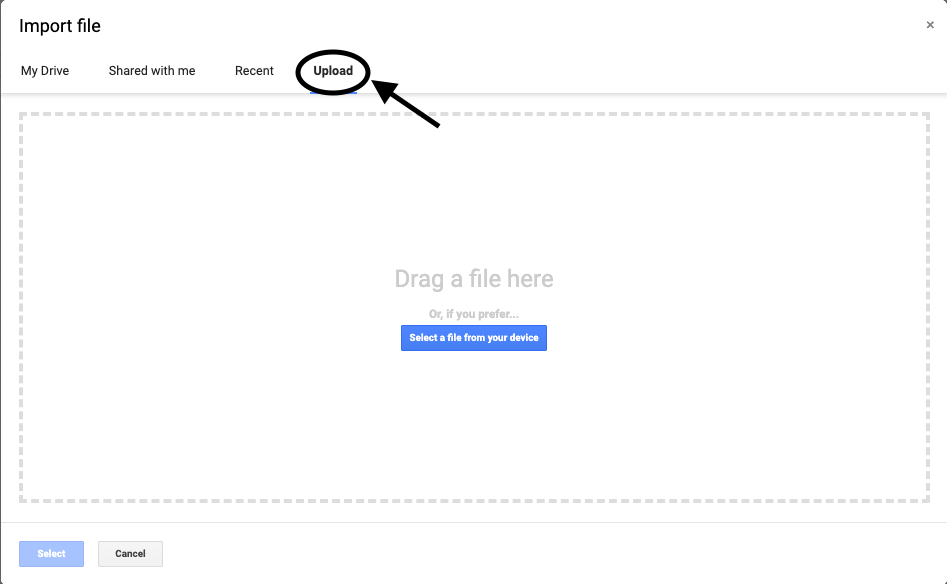 A screenshot of how to select upload in sheets.