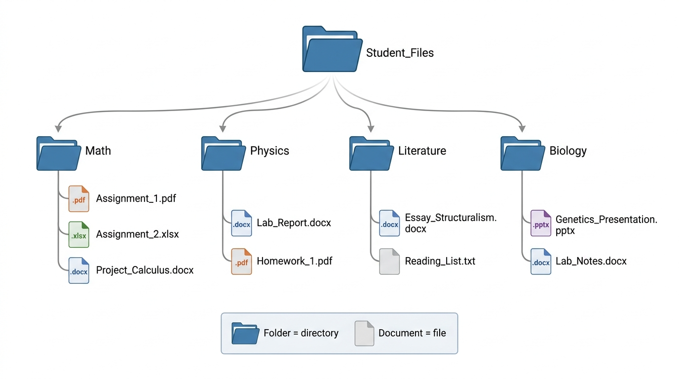 A tree diagram with icon-based nodes illustrating a hierarchy of folders and files on a computer.