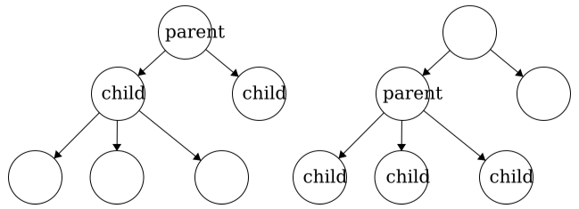 Two side-by-side tree diagrams showing how different nodes can be labeled as parent or child depending on the chosen perspective.