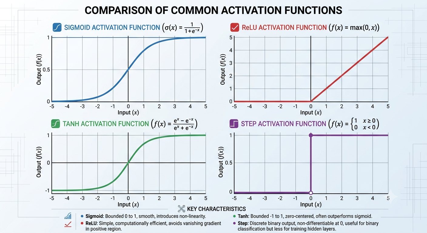 A grid of four graphs, each showing the curve and formula for a different neural network activation function: Sigmoid, ReLU, Tanh, and Step.