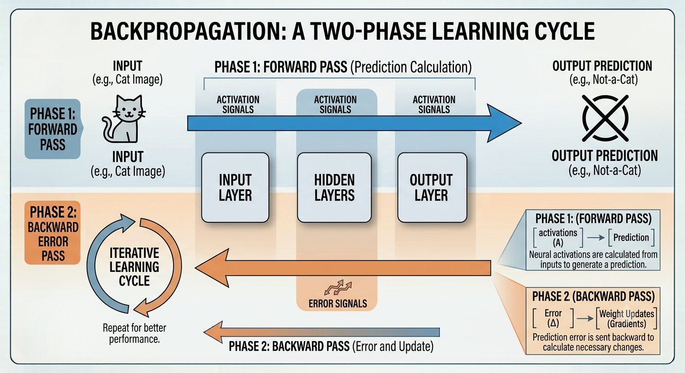 High-level diagram showing data moving rightward during the forward pass and error moving leftward during the backward pass across network layers.