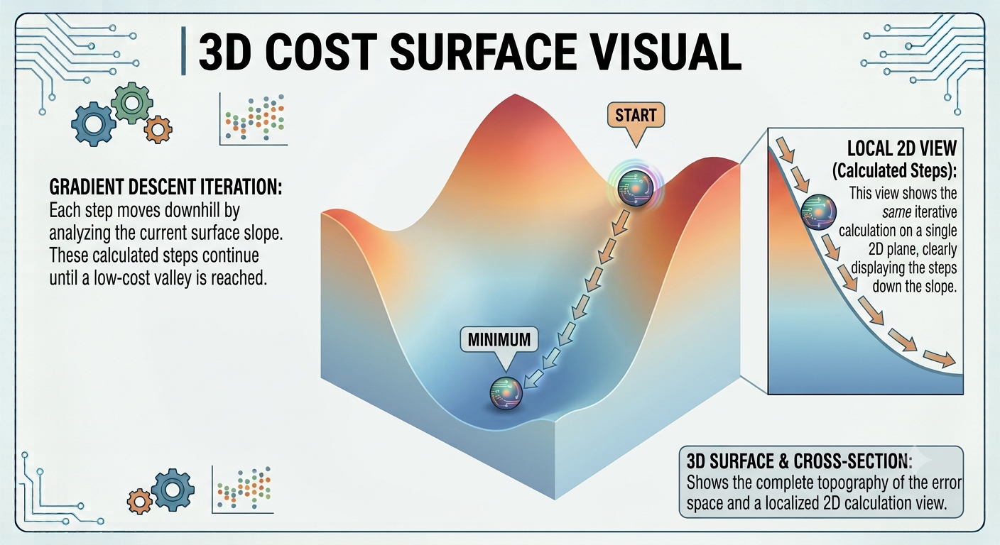 Diagram featuring a 3D parabolic cost surface showing a ball descending into a valley along with an inset 2D cross-sectional view of the slope.