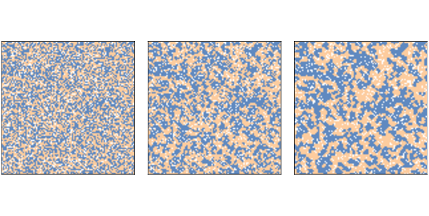 "Figure 11.1: Schelling’s segregation model with n=100, initial condition (left), after 2 steps (middle), and after 10 steps (right)."