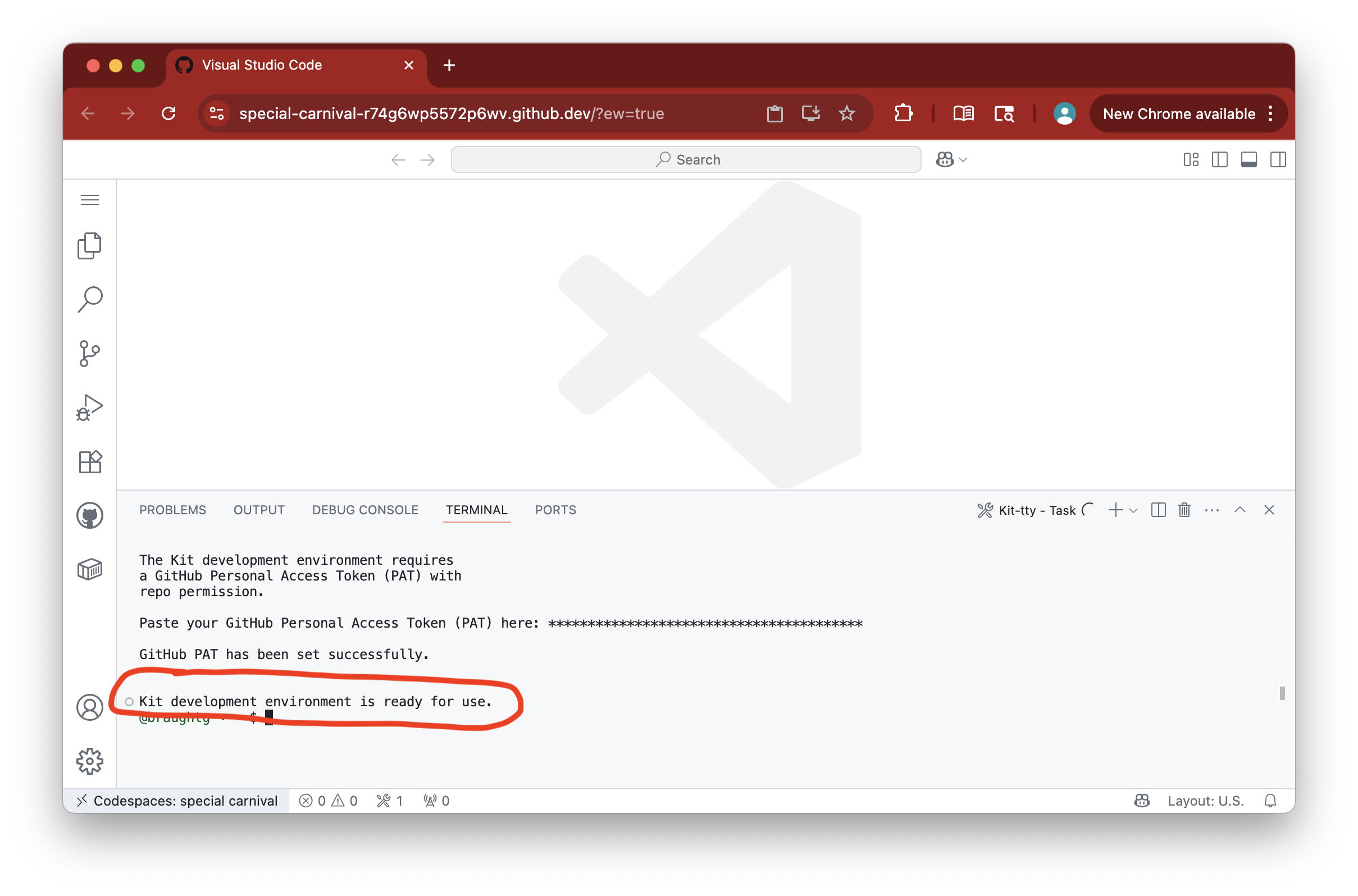 The GitKit Development Environment with the "Kit development environment is ready for use" message.The GitKit Development Environment. The development environment is ready when you see the "Kit development environment is ready for use" message.