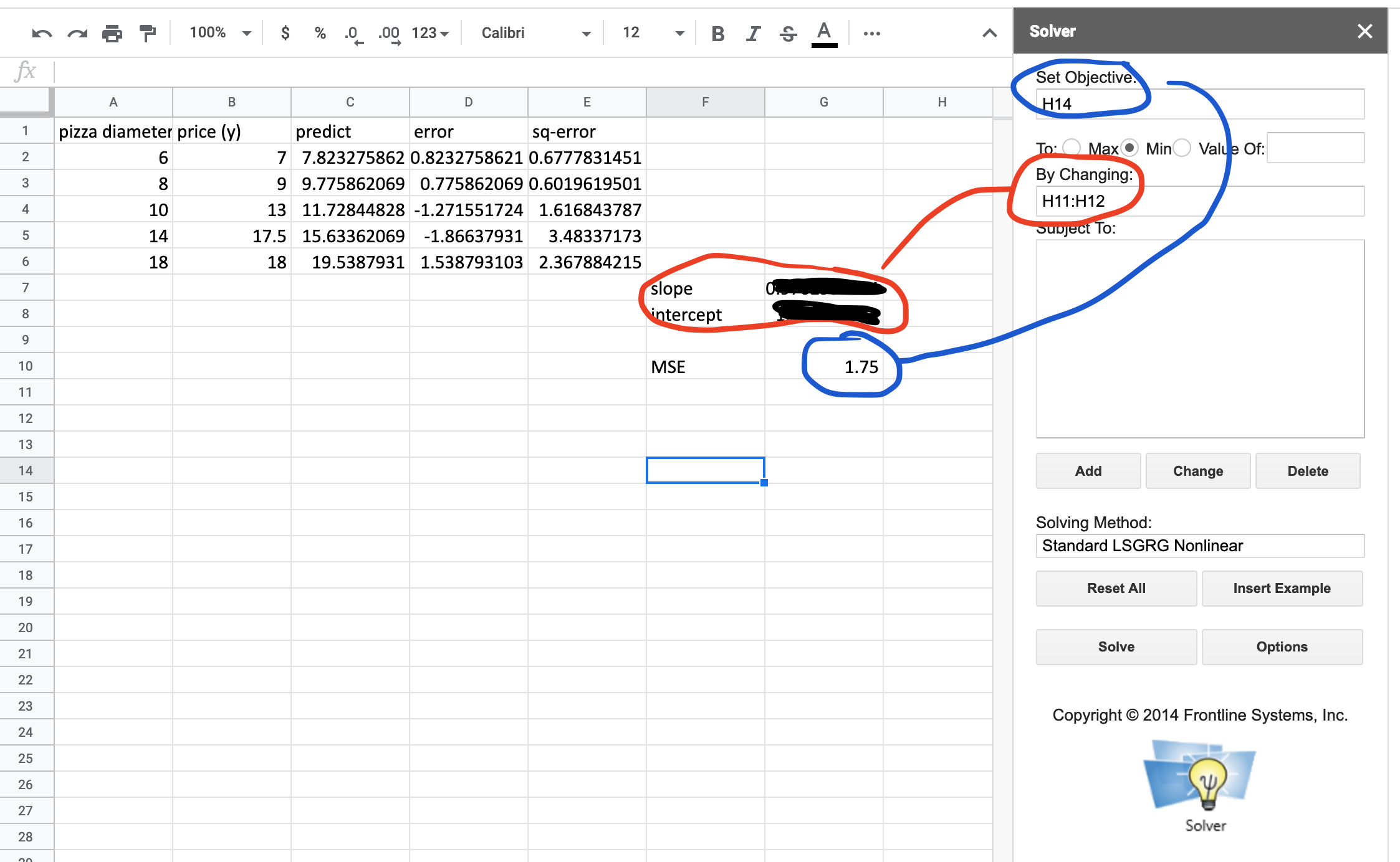 Screen capture of Google Sheets with Solver add-on being used to calculate the slope and intercept by minimizing the MSE.