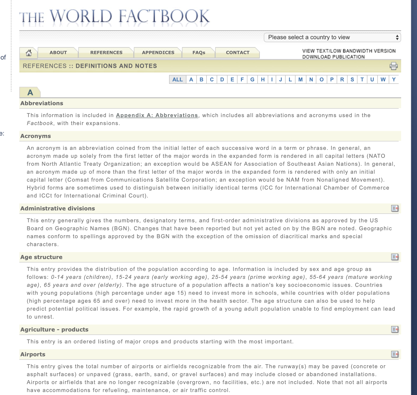 Screen capture of the Definitions and Notes page for the references section in the World Factbook 2017. Part of the Definitions and Notes page for the World Factbook 2017.