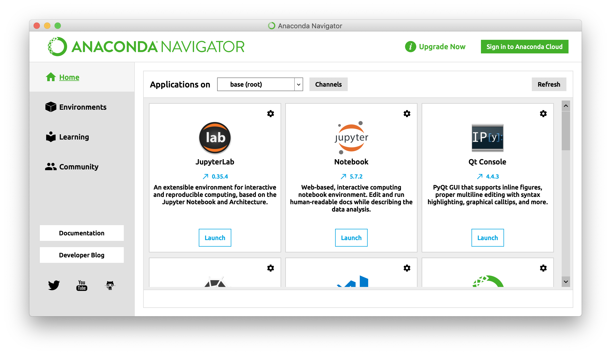 Anaconda navigator home screen with JupyterLab, Notebook, Qt Console, and Navigation bar