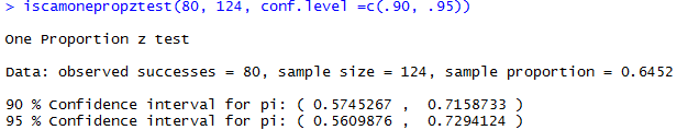 R output showing z-confidence interval for kissing study