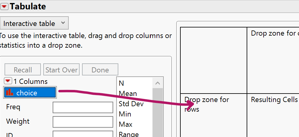 JMP Tabulate window showing how to drag the variable