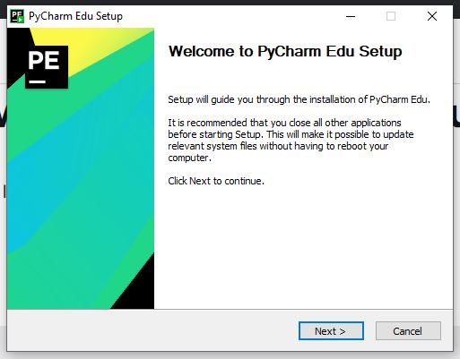 This is a screenshot of the opening page to the PyCharm IDE Setup manager.