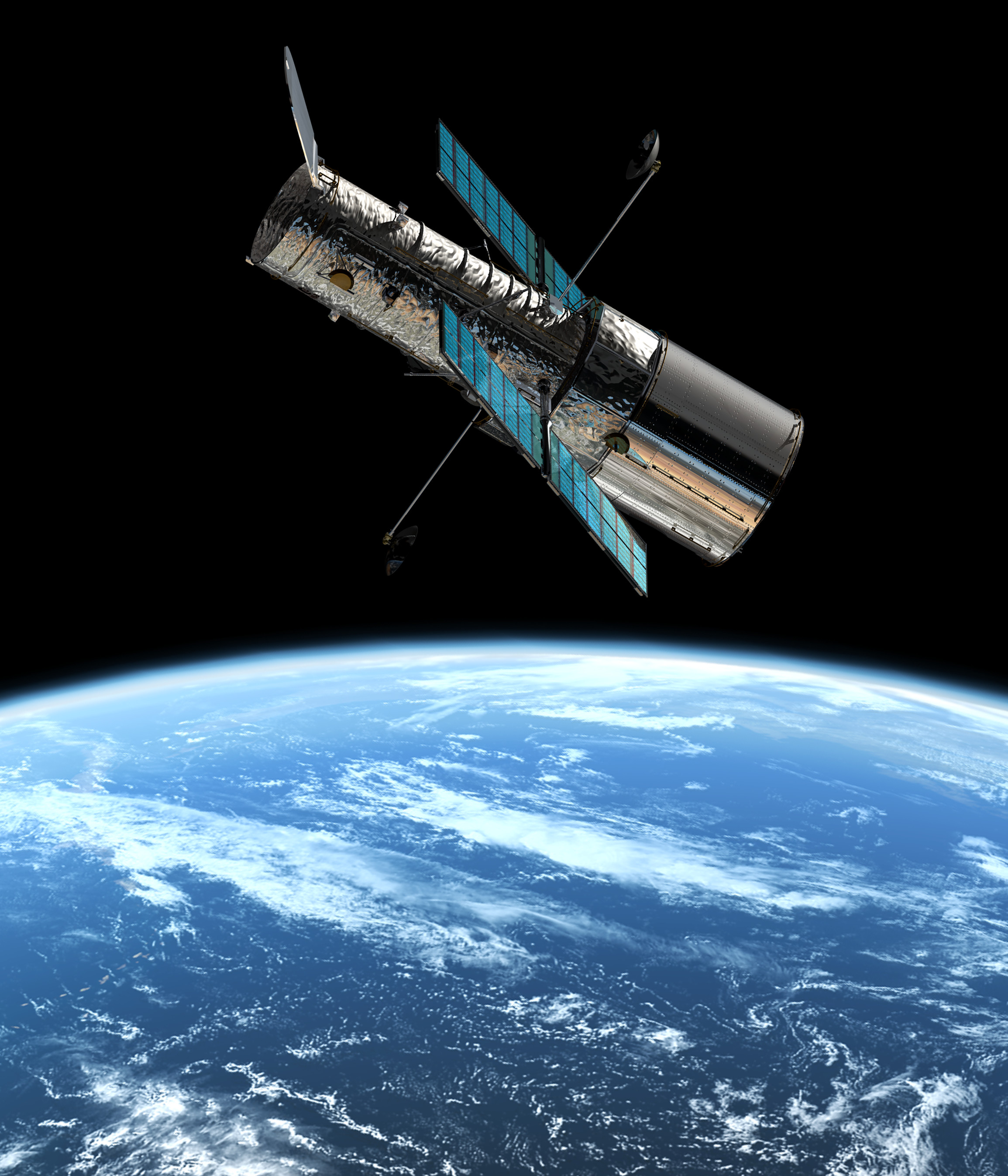 The cylindrical Hubble Space Telescope in orbit above the Earth.