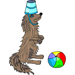 Cartoon of a dog with a bucket on its head and a ball, presumably being instructed to do a trick