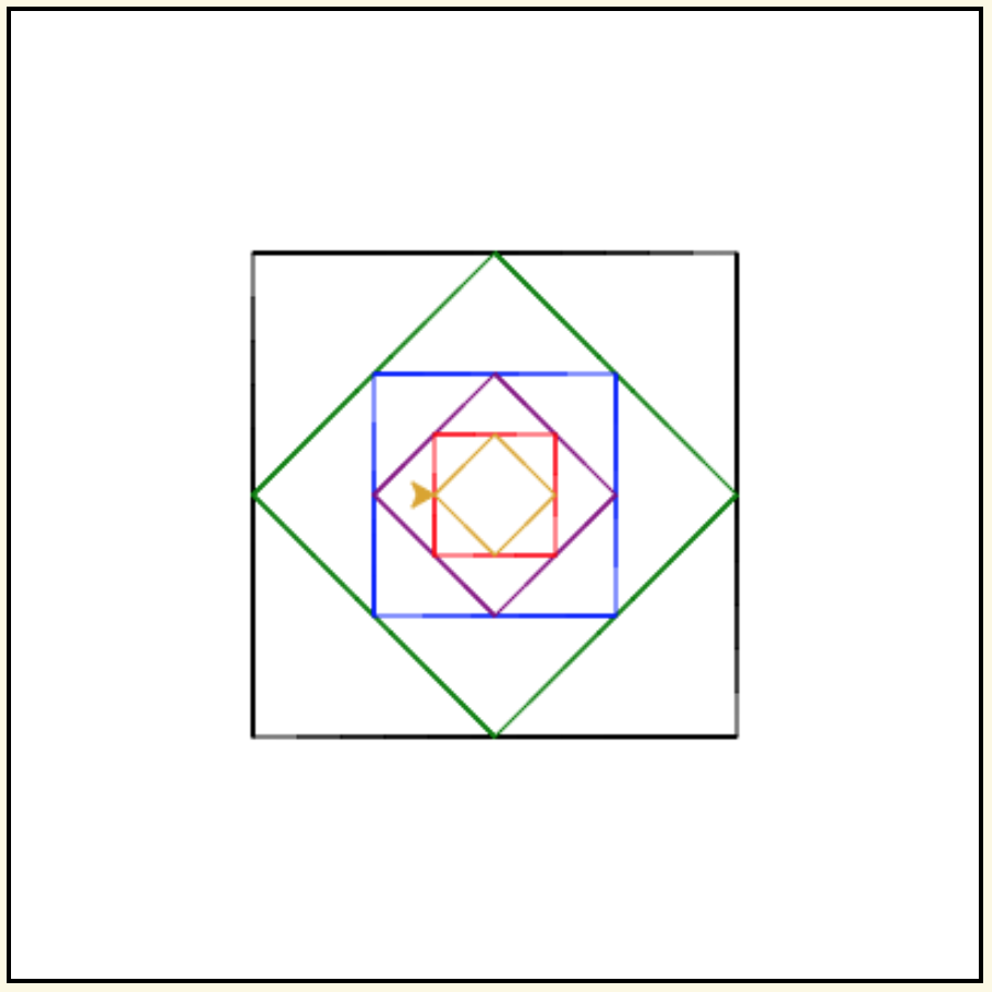 Image of nested squares drawn using Python Turtle--the vertices of each nested square bisect the edges of the immediately enclosing square