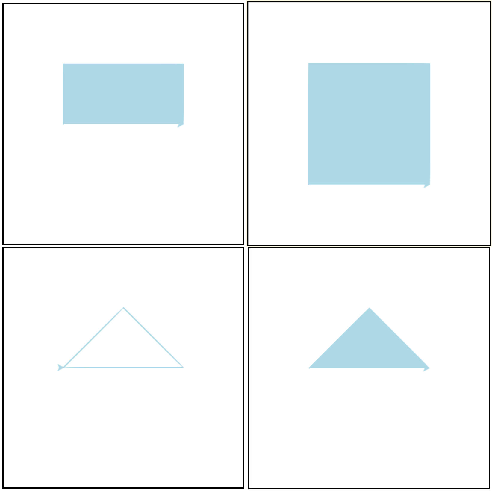 four shapes, all 200 pxls wide by 100 pxls high: top left has a light-blue filled rectangle; top right has a light-blue outlined rectangle; bottom left has a light-blue outlined isosceles triangle; bottom right has a light-blue filled isosceles triangle