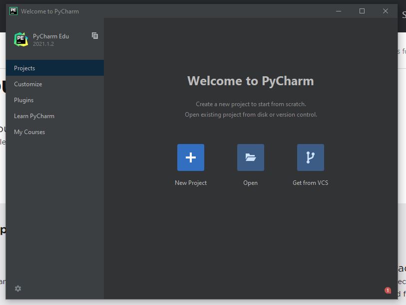 This is a screenshot of the home page for the Pycharm IDE.