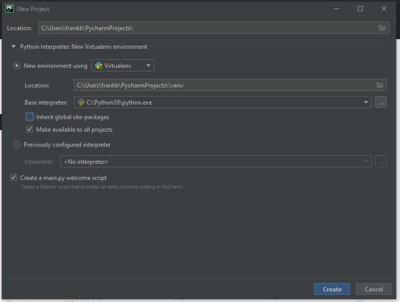 This is a screenshot of the initial settings page when loading a new project in the Pycharm IDE.