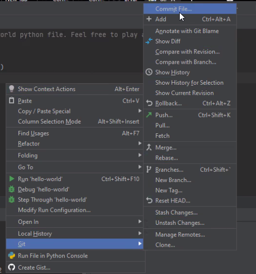 This is a screenshot of the context menu inside the Pycharm IDE.