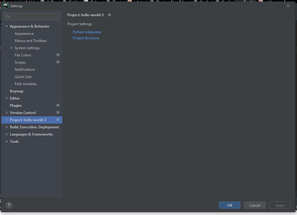 This is a screenshot of the setting page while already inside a project for the Pycharm IDE.
