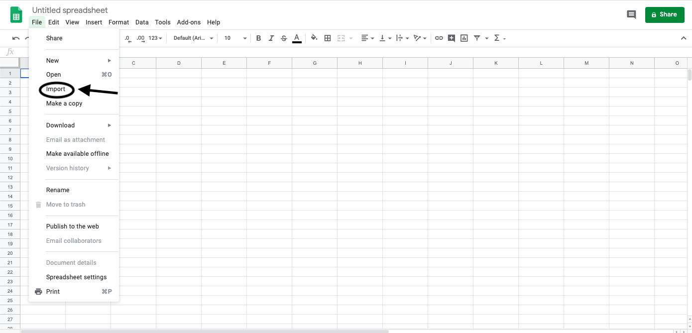 A screenshot of how to select import in sheets.