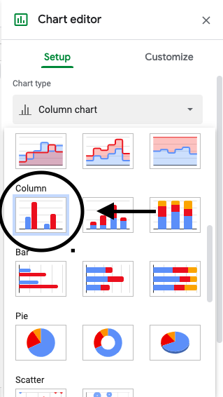 A screenshot of selecting "Coloumn Chart" in Chart Editor.