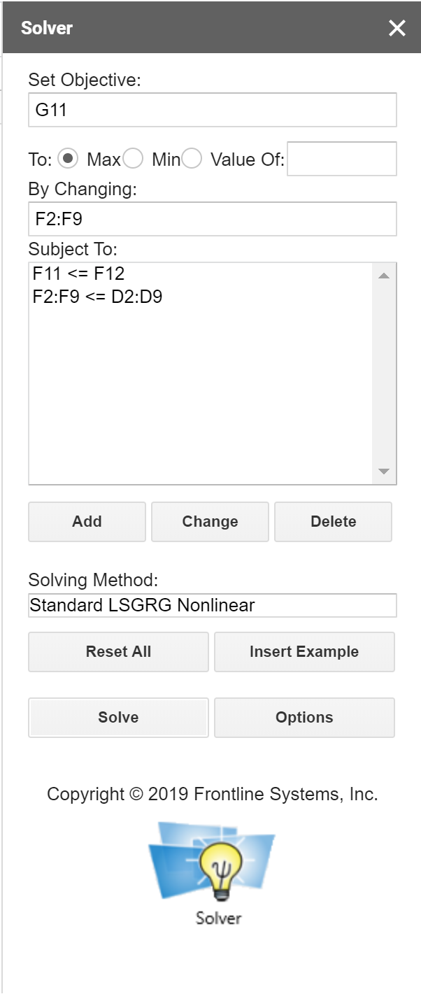 Solver window with "Set Objective" Cell, "By Changing" Cell, and "Subject To" Cell with buttons to add, change, or delete constraints.