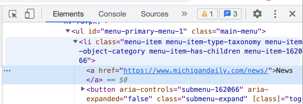 Inspecting part of a webpage in the Chrome browser.